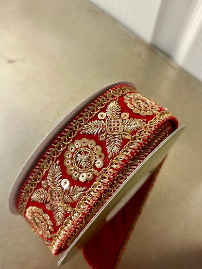 1.5 Inch By 5 Yard Red  And Gold Jewel Trim Velvet Ribbon