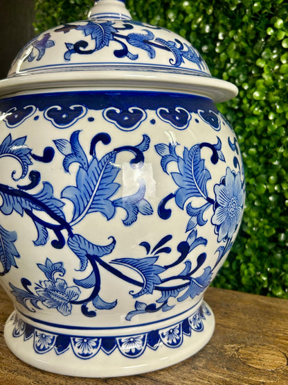 14.25 Inch Royal Blue And White Ceramic Lidded Ginger Jar