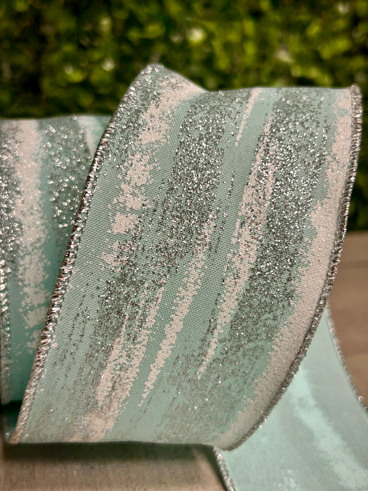 2.5 Inch By 10 Yards Soft Turquoise White And Silver Glitter Paint Strokes Ribbon