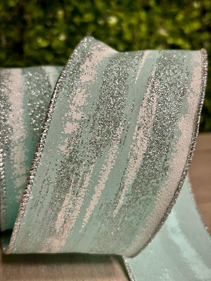 2.5 Inch By 10 Yards Soft Turquoise White And Silver Glitter Paint Strokes Ribbon