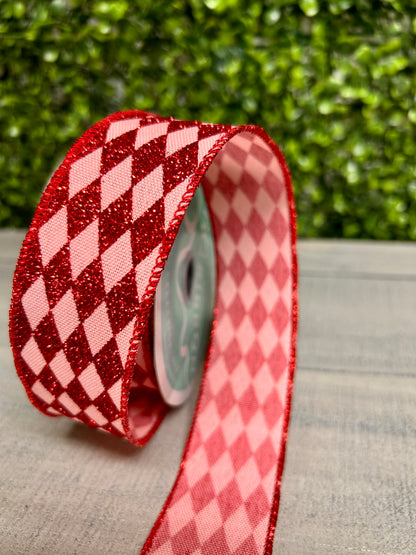 1.5 Inch By 10 Yard Rose Pink And Red Glitter Harlequin Ribbon