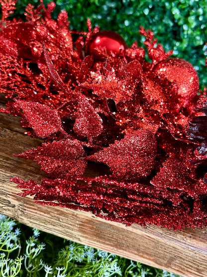 32 Inch Red Glitter Leaf Berry And Cone Spray