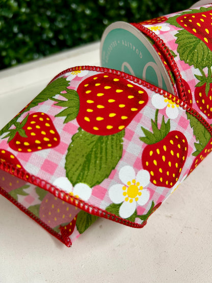2.5 Inch By 10 Yard Red Pink And White Strawberries One Woven Check Ribbon