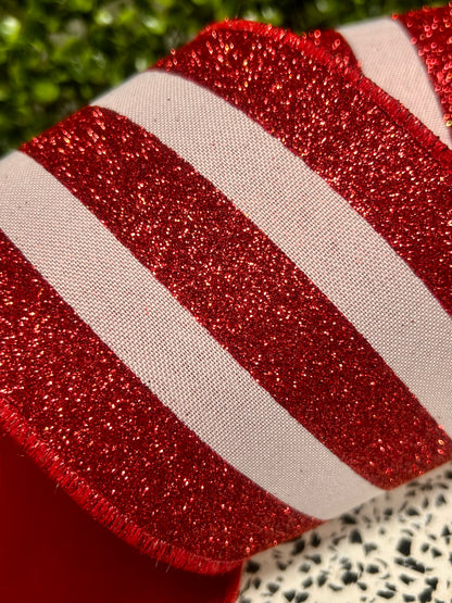 4 Inch By 10 Yard Red And White Vertical Glitter Stripe Fused Ribbon