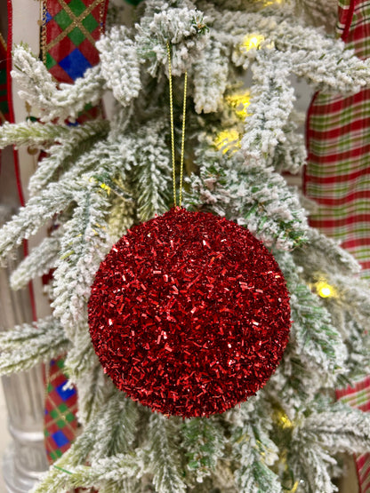 4 Inch Red Foil Glitter Ball Ornament