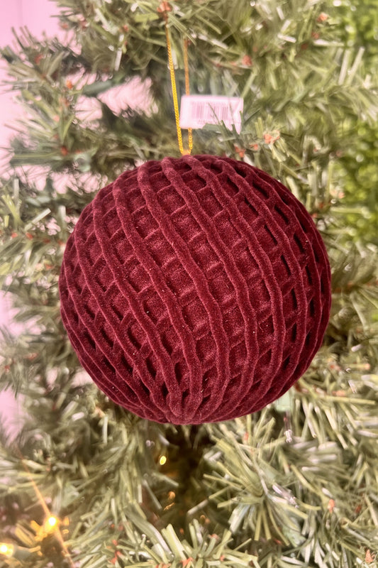 5 Inch Burgundy Flocked Ball Ornament