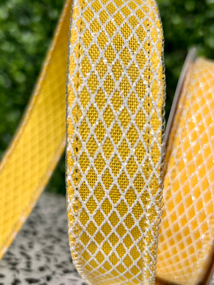 7/8 Inch By 10 Yard Yellow And White Mini Harlequin Glitter Ribbon