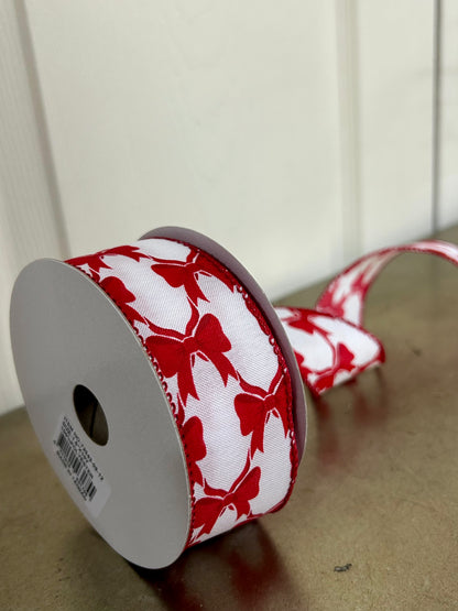 1.5 Inch By 10 Yard White Background With Red Bows Ribbon