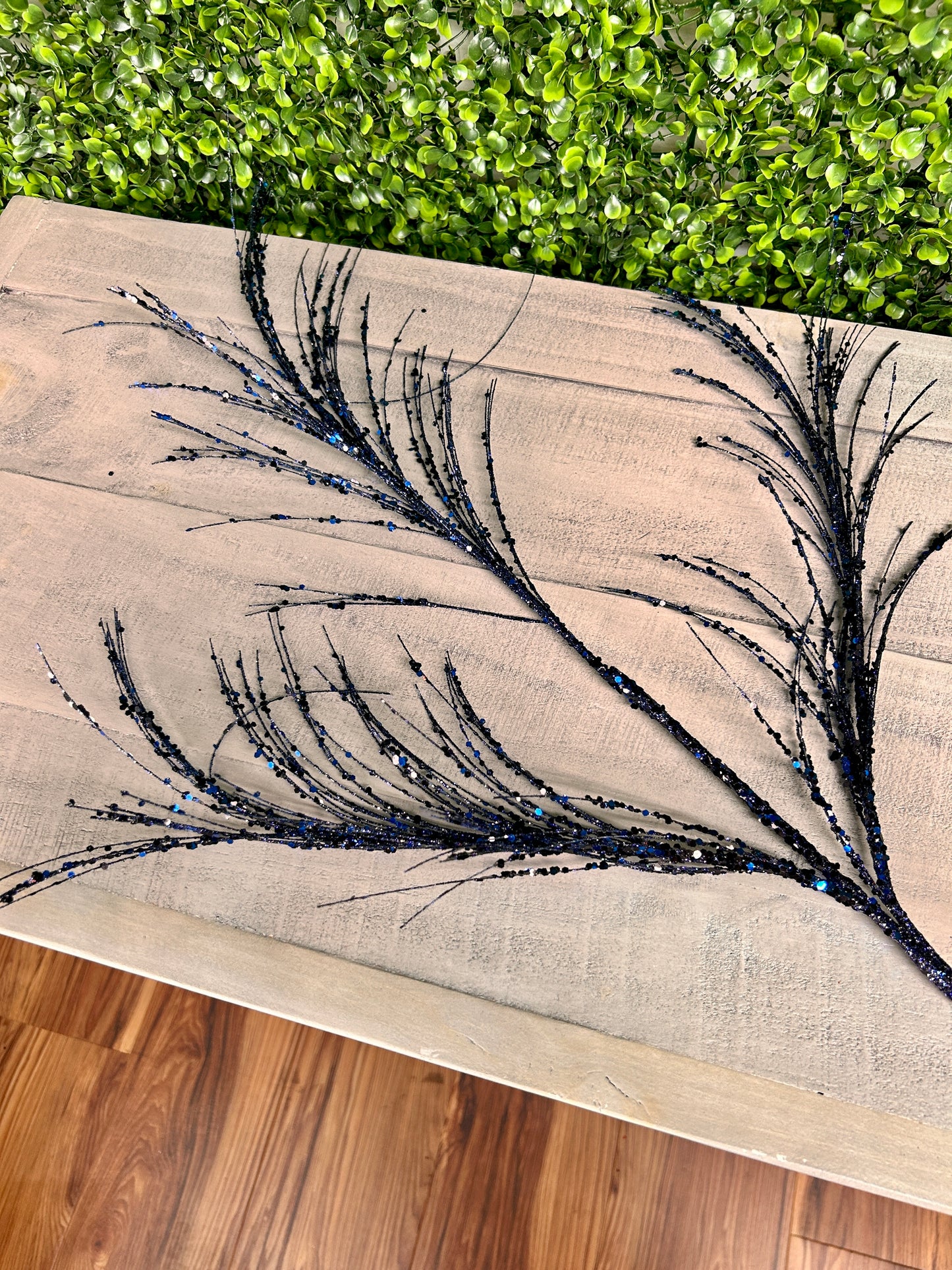 34 Inch Midnight Blue Glitter Sequin Pampas Grass Spray