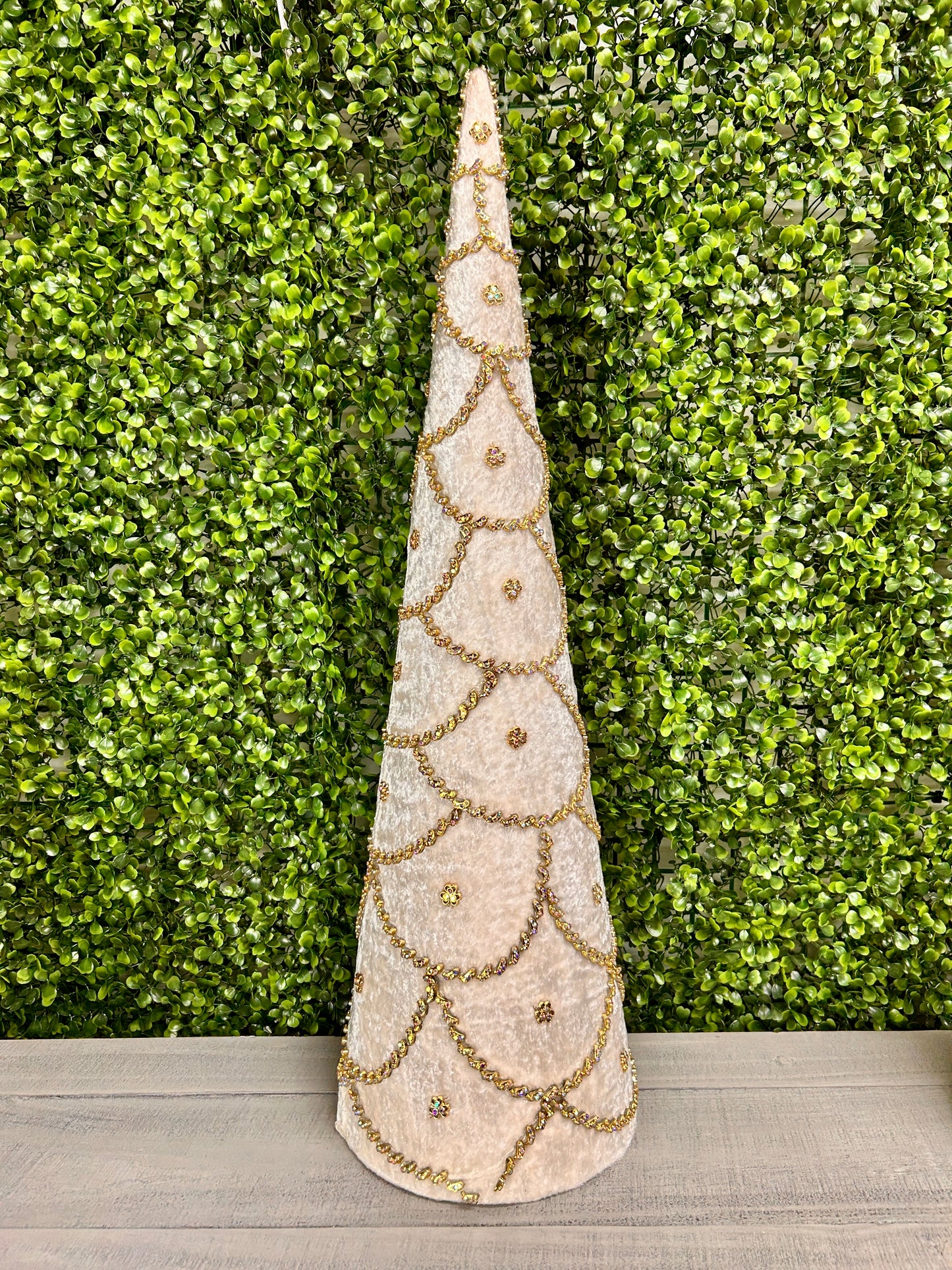 Set Of Two 18 And 24 Inch Ivory Jeweled Scalloped Velvet Cone Tree