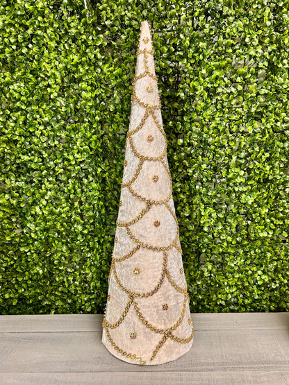 Set Of Two 18 And 24 Inch Ivory Jeweled Scalloped Velvet Cone Tree