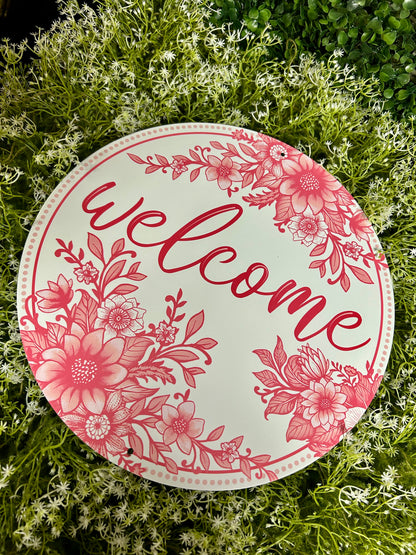 12 Inch Pink And White Metal Chinoiserie Welcome Sign