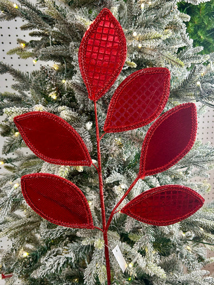 28 Inch Red Square Sequin Glitter Leaf Spray