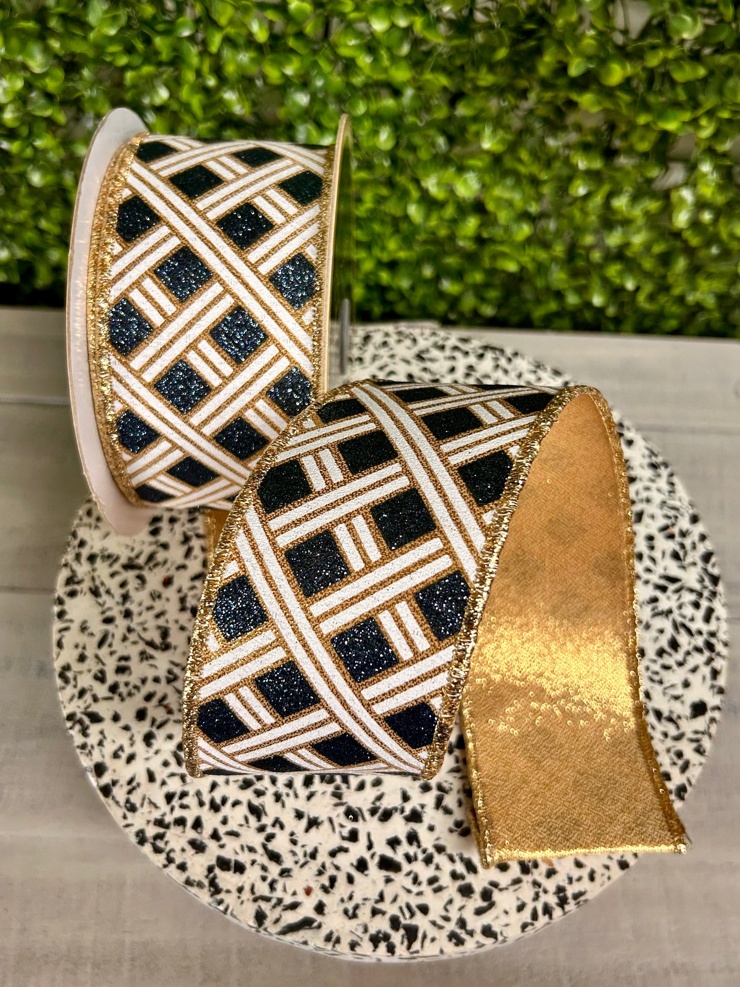 2.5 Inch By 10 Yard Gold White And Smoke Blue Woven Stripes Fused Ribbon