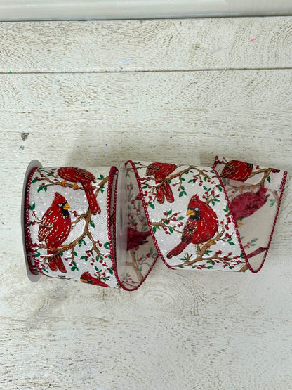 2.5 Inch By 10 Yard Red Cardinal On A Snowy Red Berry Tree With Burlap Background Red Edging Ribbon