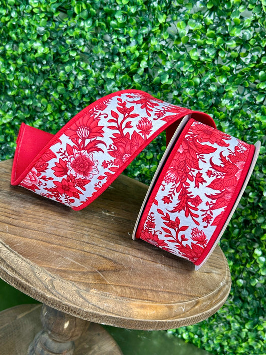 2.5 Inch By 10 Yard Red And White Chinoiserie Floral Fused Ribbon