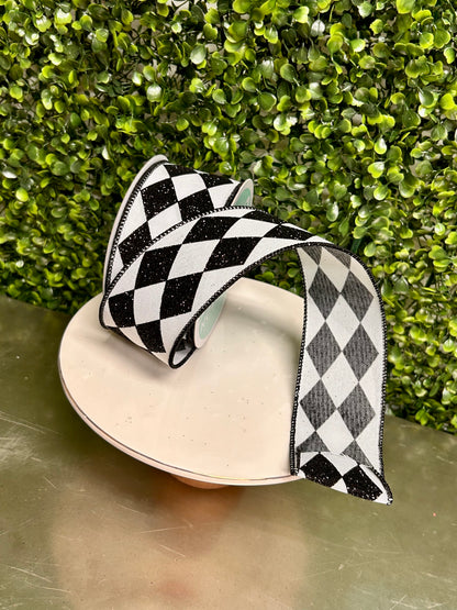 2 Inch By 10 Yard Black And White Glitter Harlequin Glitter Check Ribbon