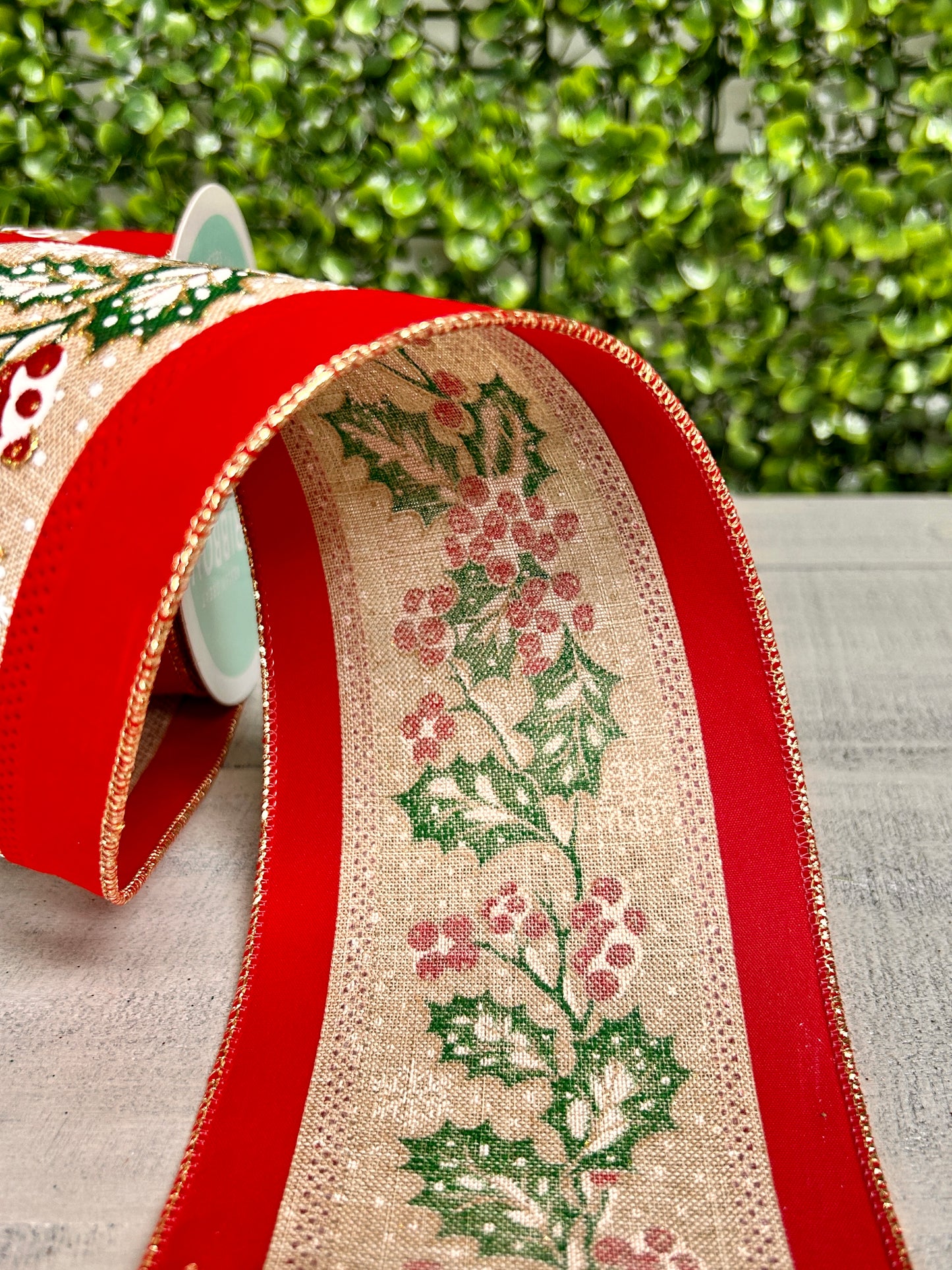 4 Inch By 10 Yard Holly Leaves And Berries Velvet Ribbon