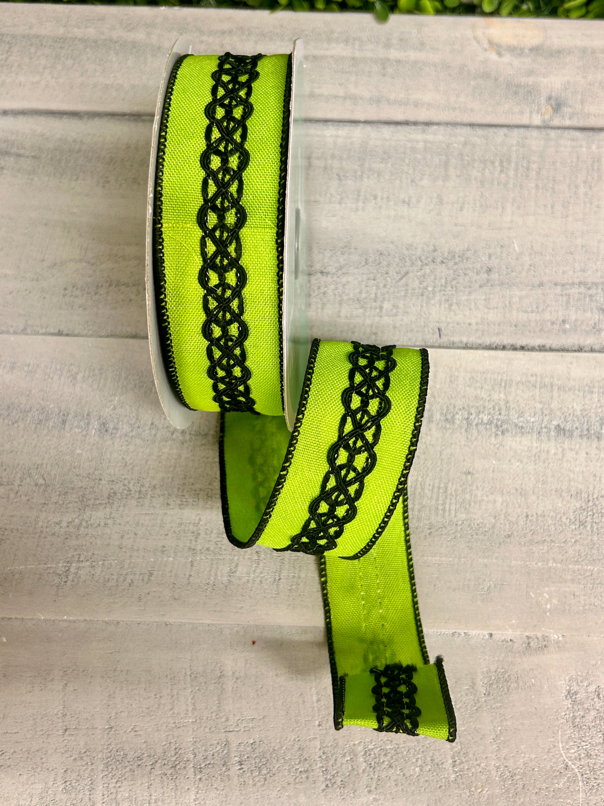 1.5 Inch By 10 Yard Lime Green And Black Lace On Faux Royal Ribbon
