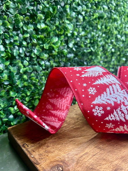 2.5 Inch By 10 Yard White Christmas Trees On Red Background Ribbon