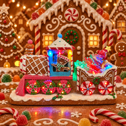 11.4 Inch Electric Lighted Colorful Resin Gingerbread Train
