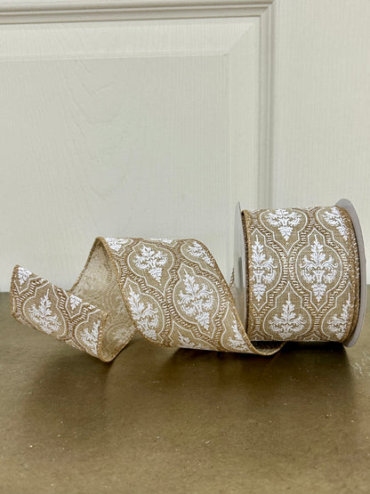 2.5 Inch By 10 Yard Natural Linen Demask Quatrefoil Ribbon