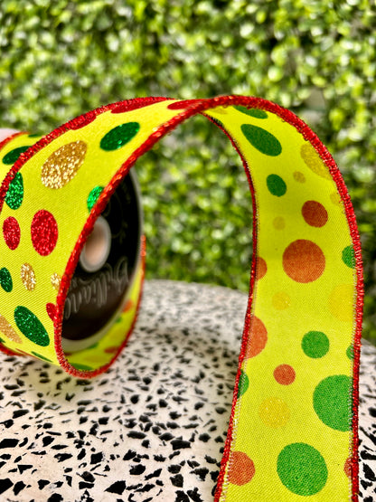 1.5 Inch By 10 Yard Red Gold Lime And Emerald Polka Dot Ribbon