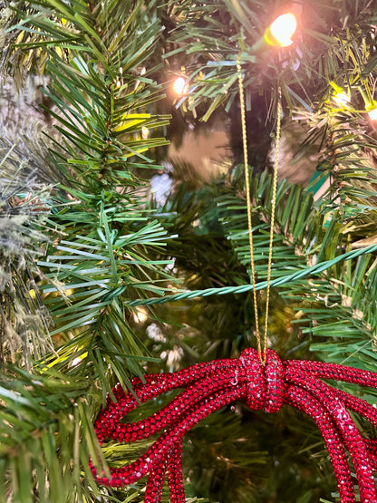 5.5 Inch Red Sparkle Bow With Bells Ornament