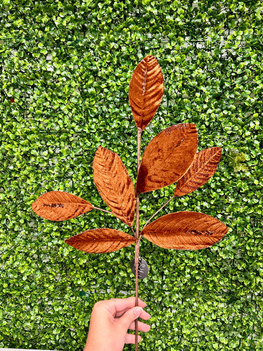 26 Inch Brown Velvet Sequin Magnolia Leaf Spray