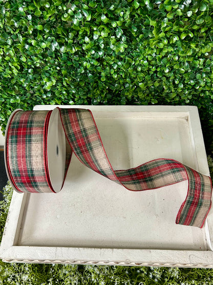 2.5 Inch By 50 Yard Natural Emerald And Dark Red Woven Plaid Ribbon