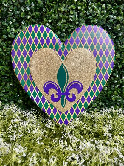 12 Inch Metal Harlequin Mardi Gras Heart Sign