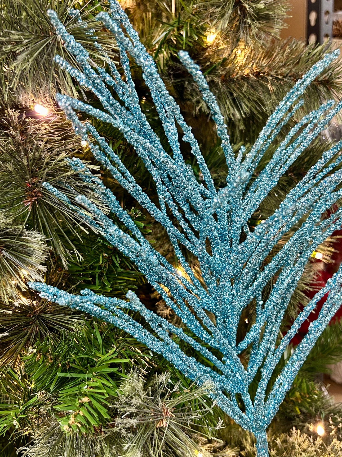 24 Inch Aqua Glitter Pine Needle Berry Stem
