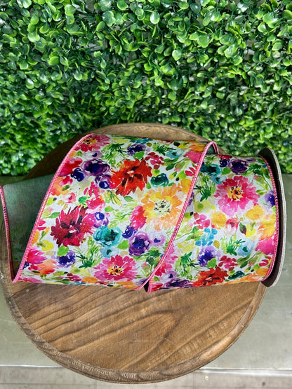 4 Inch By 10 Yard Multicolor Floral Impressions Deluxe Wired Edge Ribbon