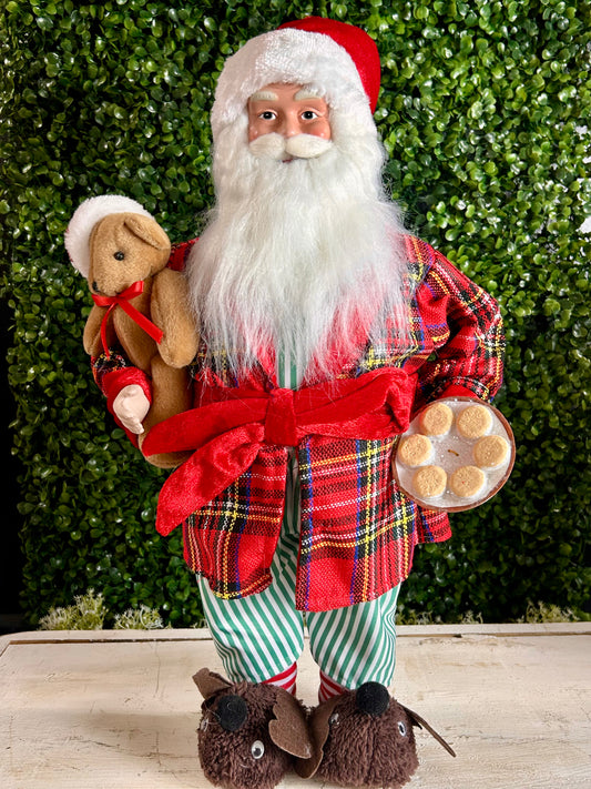 18 Inch Polyester Holiday Santa Figurine With Plaid Robe