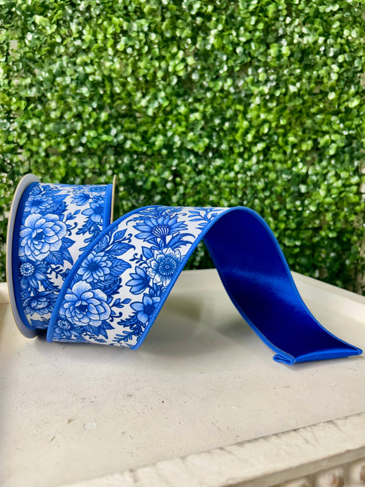2.5 Inch By 10 Yard Blue And White Chinoiserie Floral Fused Ribbon