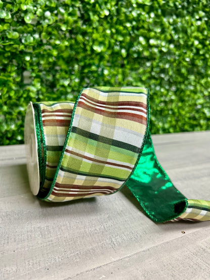 David Christopher's 2.5 Inch By 10 Yard Shades Of Green With Brown Plaid Ribbon