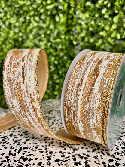 1.5 Inch By 10 Yard Beige Cream And Gold Glitter Metallic Streaks Ribbon