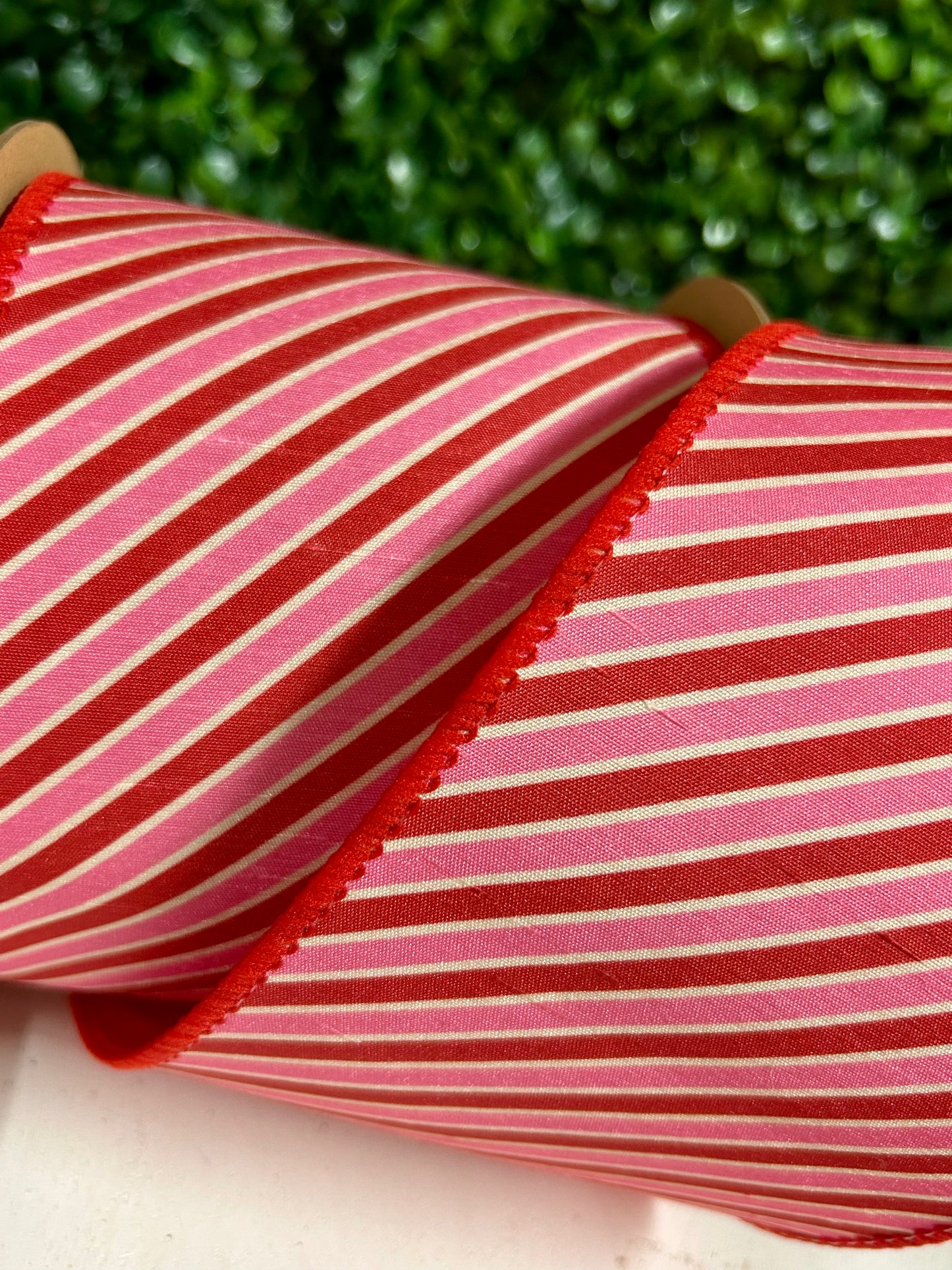 4 Inch By 10 Yard Red White And Pink Diagonal Stripe Dupioni Ribbon