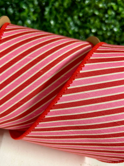 4 Inch By 10 Yard Red White And Pink Diagonal Stripe Dupioni Ribbon