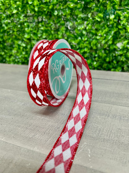 7/8 Inch By 10 Yard Red And White Glitter Harlequin Ribbon