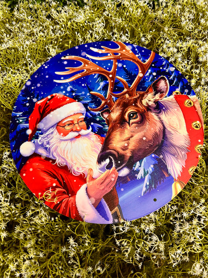 12 Inch Santa And Reindeer Metal Sign