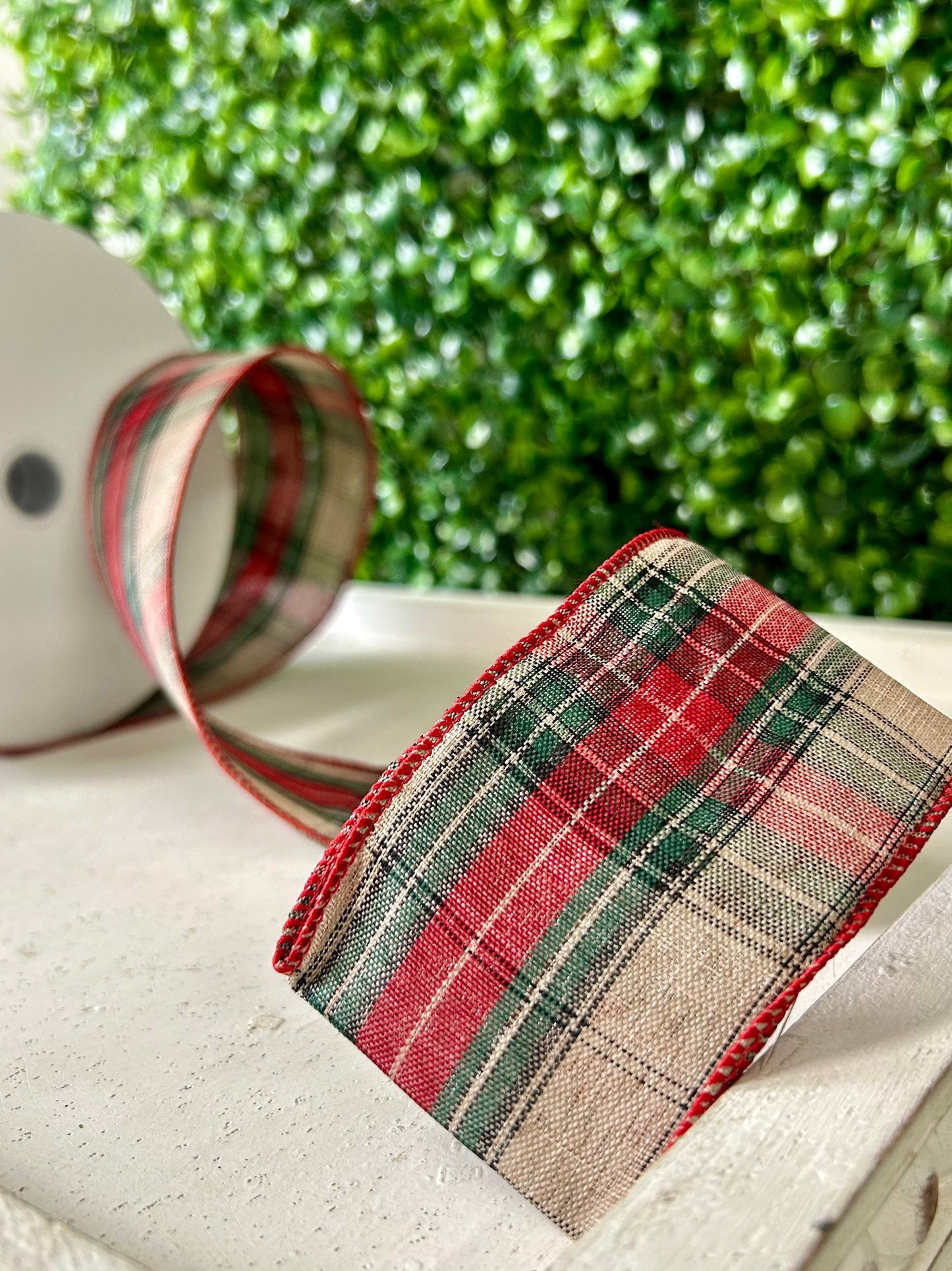 2.5 Inch By 50 Yard Natural Emerald And Dark Red Woven Plaid Ribbon