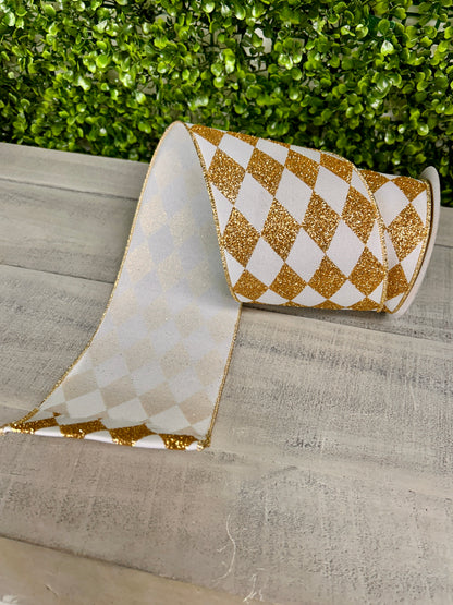 4 Inch By 10 Yard White And Gold Harlequin Check Ribbon