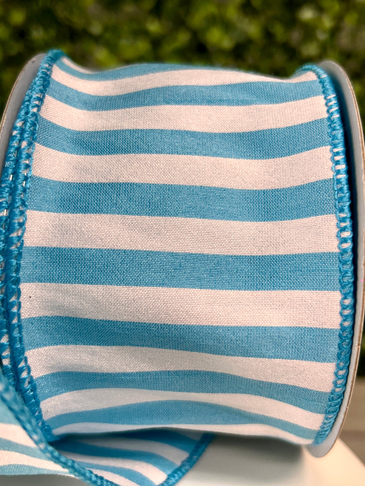 2.5 Inch By 10 Yard Turquoise And White Cabana Stripe Dupioni Ribbon
