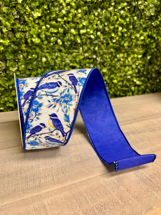 David Christopher 2.5 Inch By 10 Yard Chinoiserie Birds Ribbon With Blue Back Ribbon
