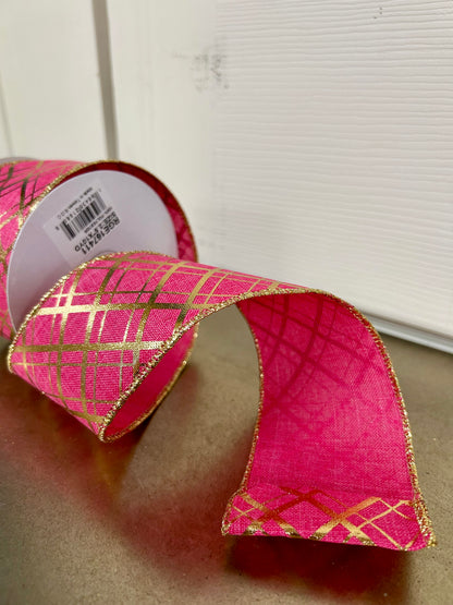 2.5 Inch By 10 Yard Hot Pink And Gold Metallic Thick And Thin Diagonal Plaid Ribbon