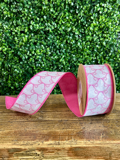 2.5 Inch By 10 Yard Pink Bows On White Dupioni Ribbon