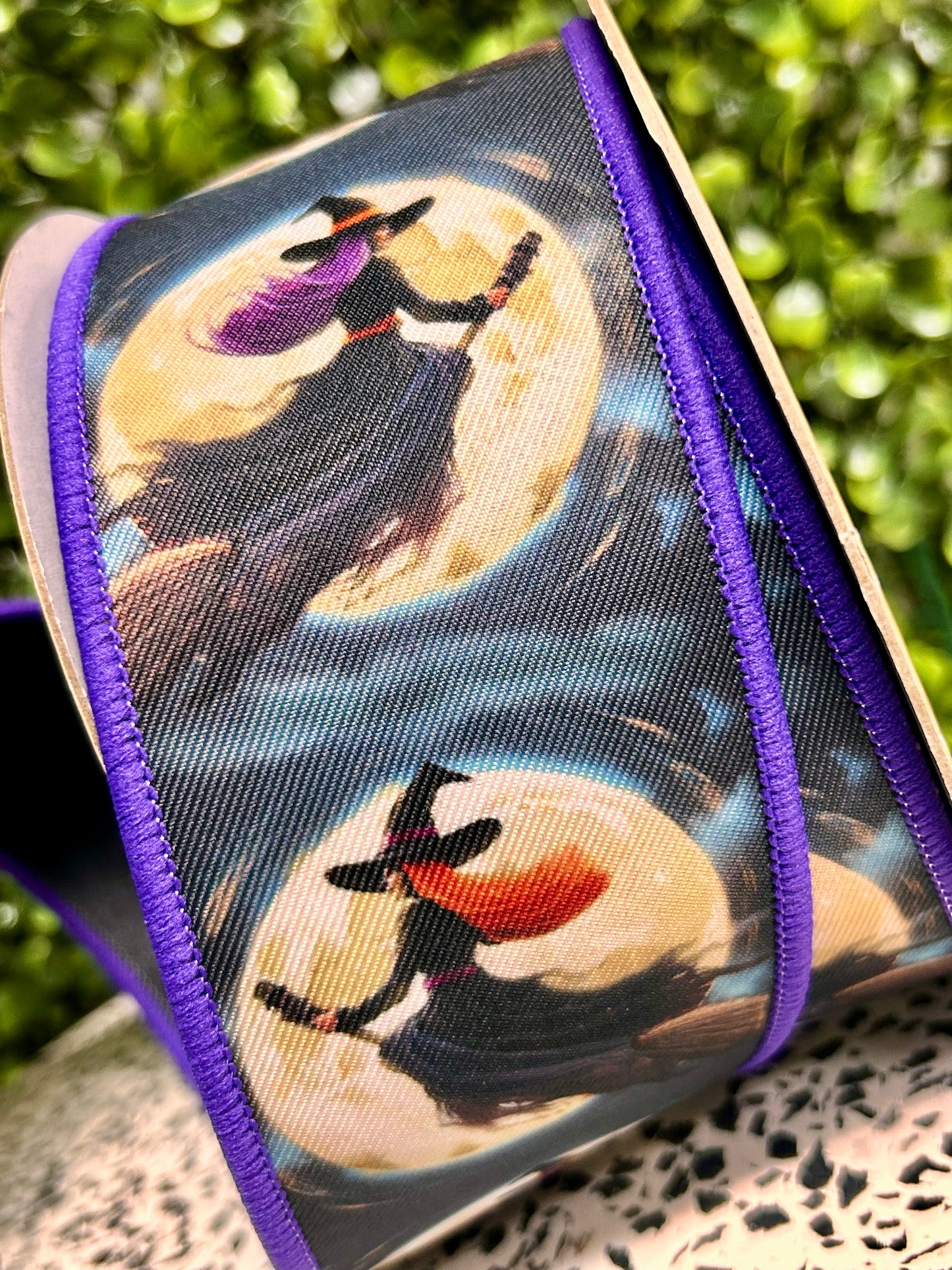 2.5 Inch By 10 Yard Black And Orange Witches Flying By Moon Fused Ribbon