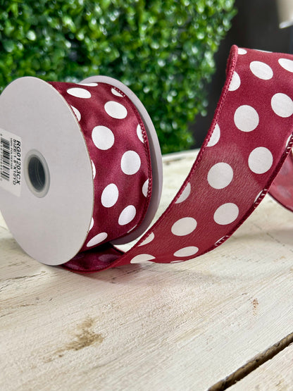 1.5 Inch By 10 Yards Maroon And White Polka Dots Ribbon