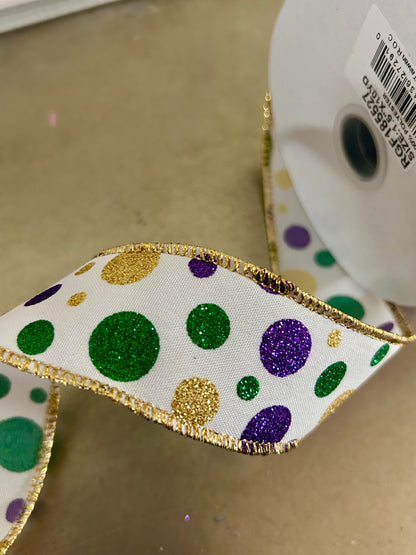 1.5 Inch By 10 Yard Purple Green And Gold Polka Dot Ribbon